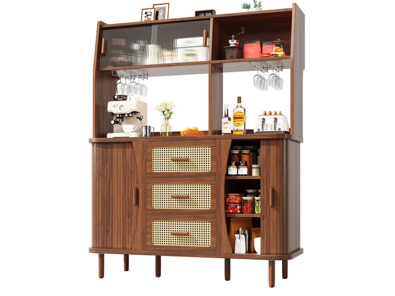  Buffet de cuisine haut avec 3 tiroirs et portes coulissantes en verre, pour cuisine, en mdf 140×40,5×174,5 cm noyer  - Conforama A