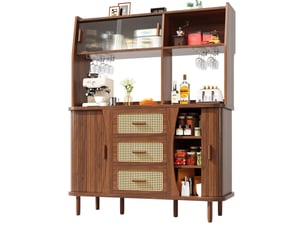 Buffet de cuisine haut avec 3 tiroirs et portes coulissantes en verre, pour cuisine, en mdf 140×40,5×174,5 cm noyer