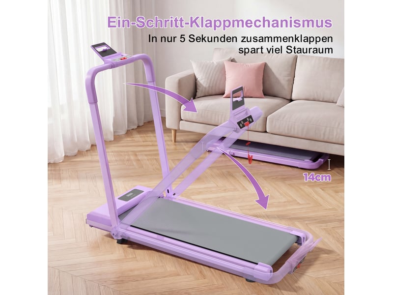  Tapis de course pliable 114 x 60 x 98,5 cm violet en acier, 3 en 1 marche, poste de travail et course  - Conforama D