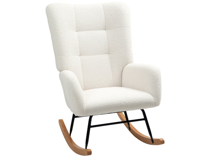  Fauteuil à bascule crème en tissu effet teddy, accoudoirs et patins en bois, relax pour salon et chambre  - Conforama A