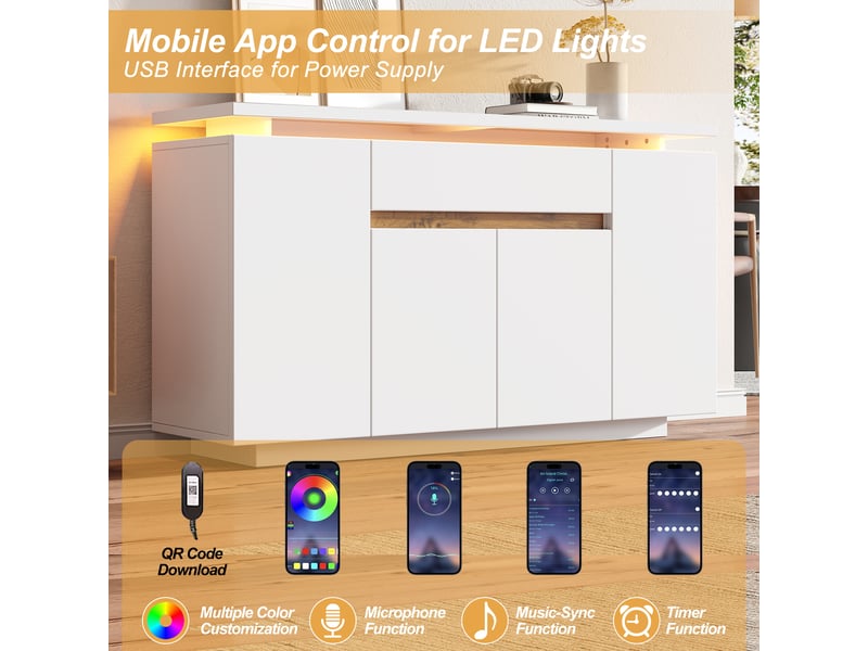  Buffet led 4 portes 1 tiroir en panneau de particules blanc 140 x 40 x 80 cm  - Conforama D