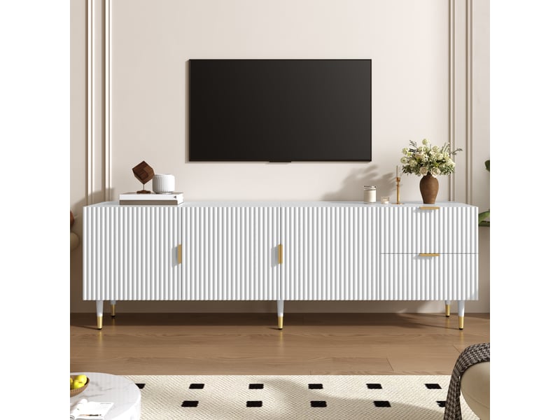  Meuble tv avec tiroirs, poignées et pieds dorés, pieds réglables, portes avec étagères, blanc  - Conforama B