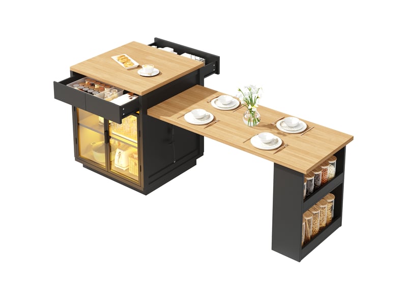 Îlot de cuisine extensible 122–194×70×94 cm table à manger 4 personnes avec led plan de travail 2 tiroirs 2 portes étagères, noir - Conforama A