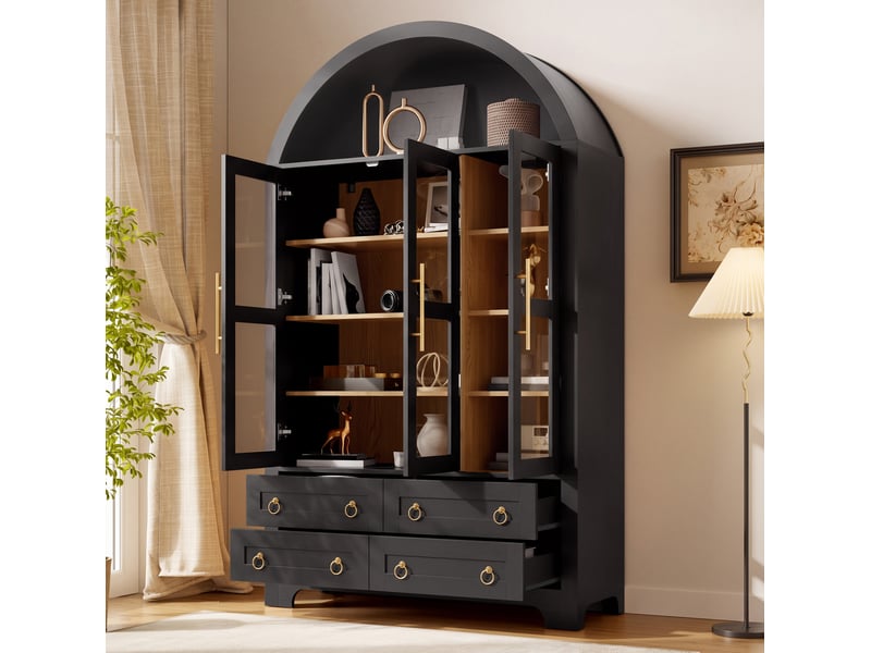  Buffet haut 110x40x185 cm avec 3 portes vitrées et 4 tiroirs noir  - Conforama D