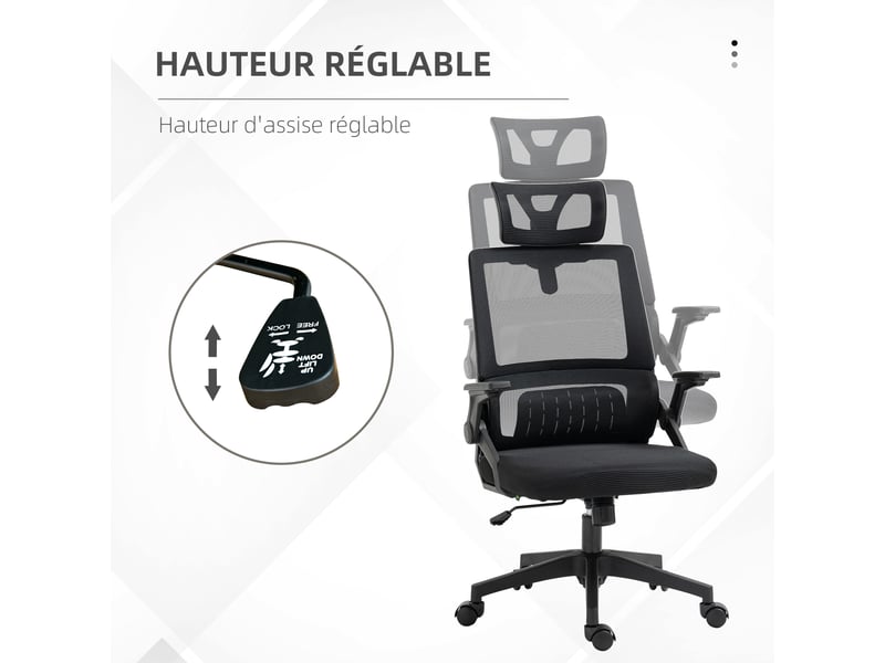 Fauteuil de bureau réglable tissu maille polyester dossier ergonomique pivotant inclinable noir  - Conforama A