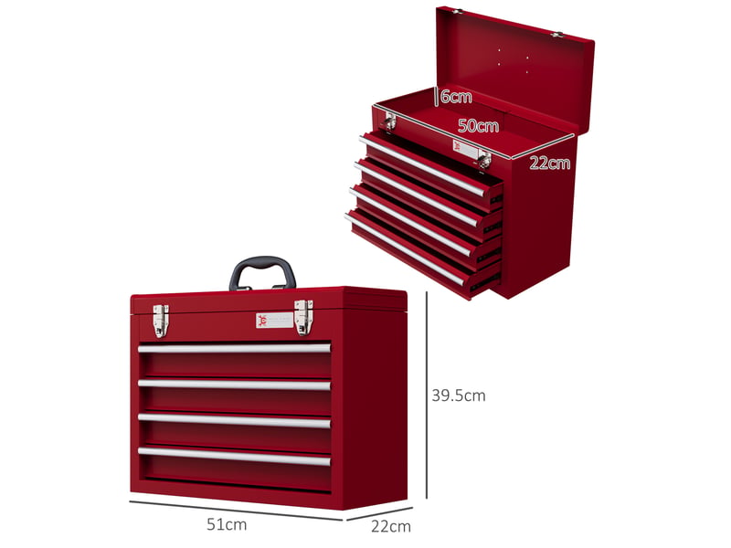 Boîte à outils vide 51x22x39,5 cm avec 4 tiroirs et compartiment supérieur verrouillable, métal rouge - Conforama C