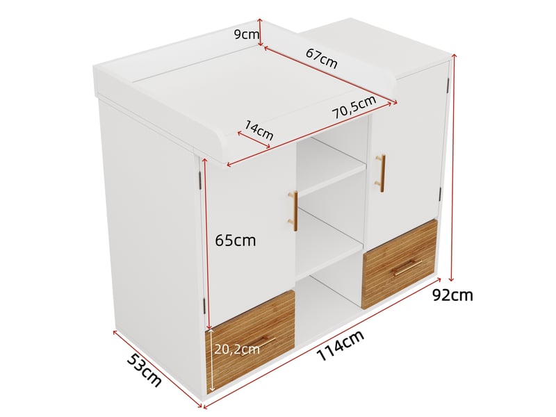  Table à langer avec meuble de rangement 114 x 53 x 92 cm mdf blanc et aspect bois, barrière amovible, 2 tiroirs  - Conforama C