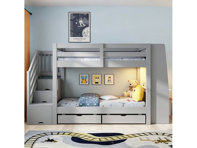  Lit superposé enfant 90 × 200 cm avec bureau, étagères, led réglable et 2 tiroirs, sans matelas, gris  - Conforama B