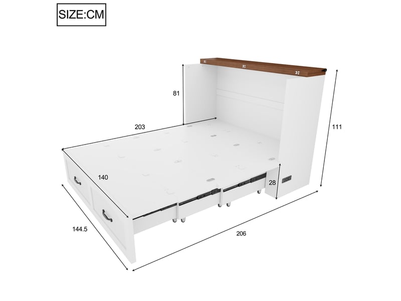  Lit escamotable double 140×200 cm, prise intégrée et roulettes silencieuses  - sans matelas, bois et métal - blanc  - Conforama D