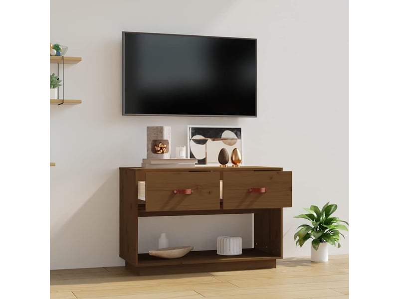  Meuble tv - banc tv - meuble de rangement marron miel 90x40x60 cm bois de pin massif  - Conforama C