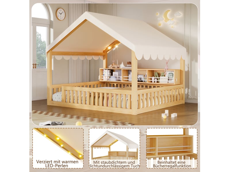  Lit cabane 140x200 cm avec baldaquin, rangement livre, garde-corps, guirlande led, mdf et pin, naturel sans matelas  - Conforama E
