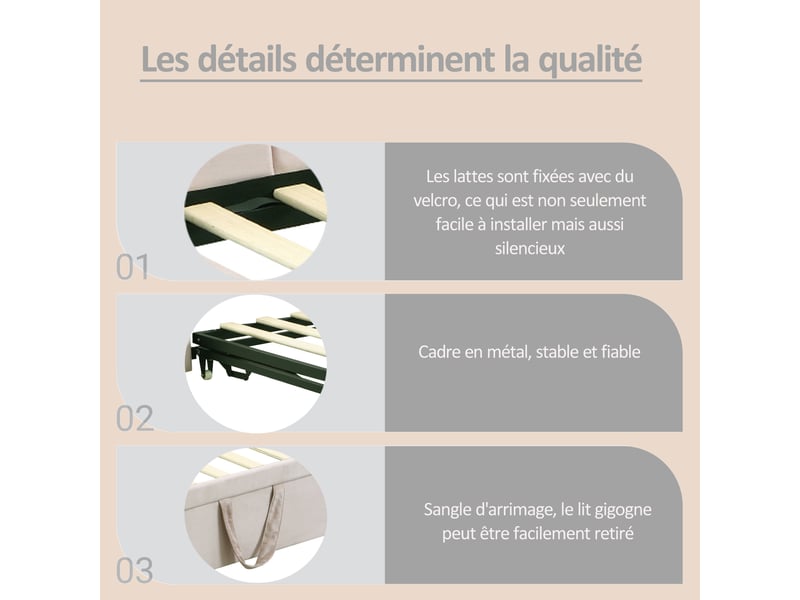  Lit gigogne banquette 200×90 cm, extensible en 200×180 cm, avec dossier en l, revêtement en velours beige  - Conforama E