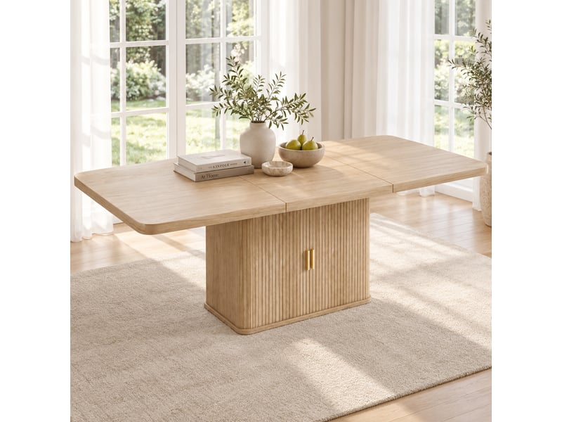 Table à manger extensible 150-200x90 cm pour 6 à 8 personnes, rangement intégré, plateau épais 2,8 cm, pied central, mdf effet chêne naturel - Conforama B