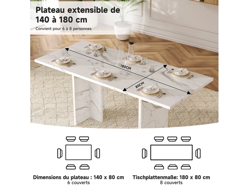 Table à manger extensible, 140-180x80x75 cm, 6-8 places plateau 30, plateau en mdf, repas, pratique, mdf, coloris blanc - Conforama E