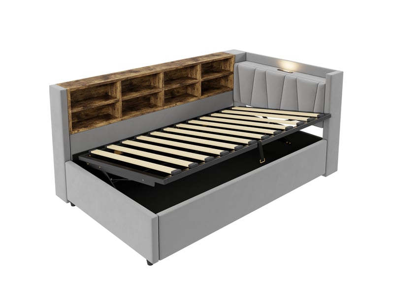 Lit coffre 90x200 tête multifonction lampe usb type-c rangement moderne revêtement velours gris clair sans matelas  - Conforama E