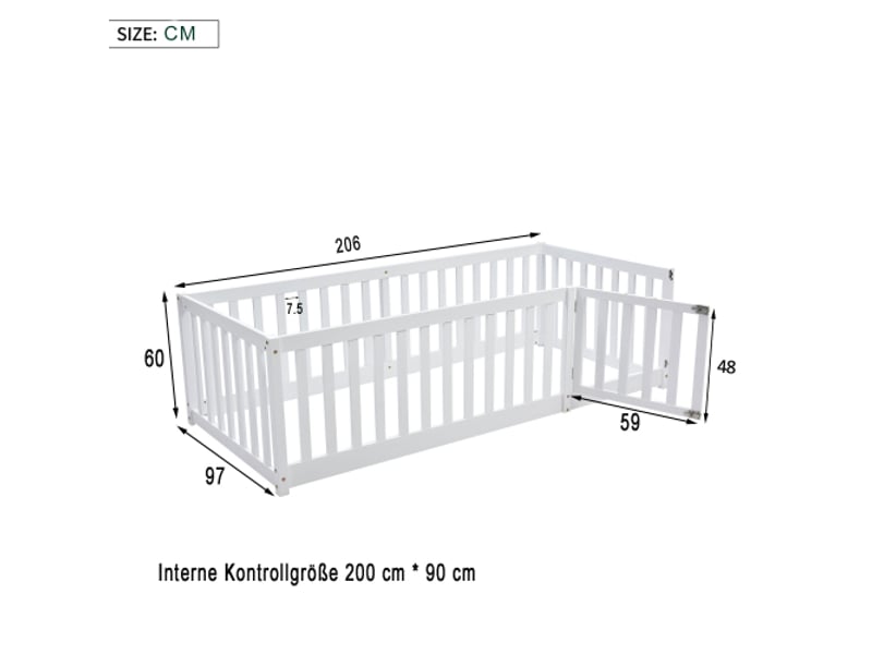  Lit au sol pour enfants en bois massif 90x200cm avec clôture et porte,blanc lit enfant blanc - Conforama C