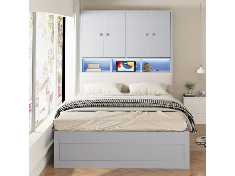  Lit simple 90x200 cm avec rangement, led et prises en bois gris  - Conforama D