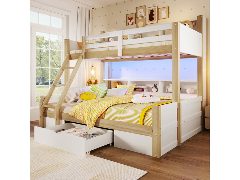  Lit superposé enfant 90 x 200 + 140 x 200 cm avec échelle, rangements et led  - Conforama B