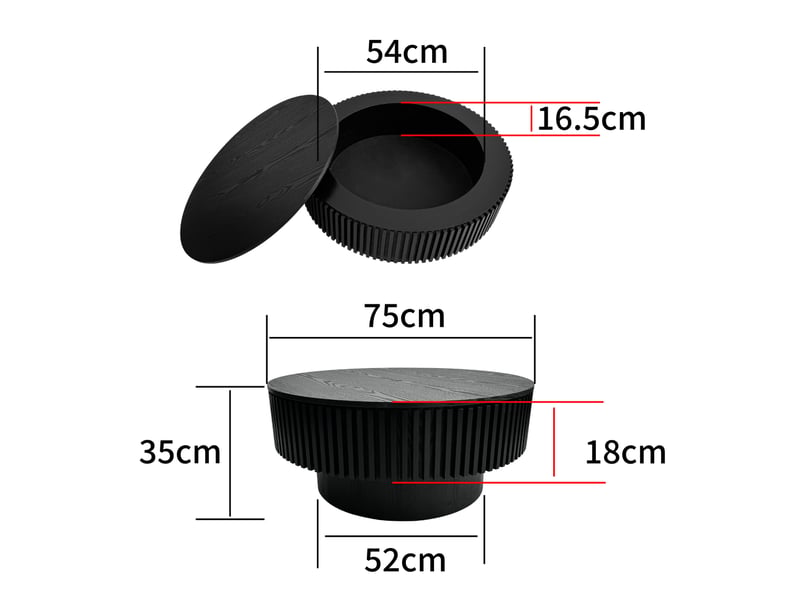  Table basse ronde ulevr avec rangement caché, ø 75 x h 35 cm, mdf plaqué bois, noire  - Conforama C