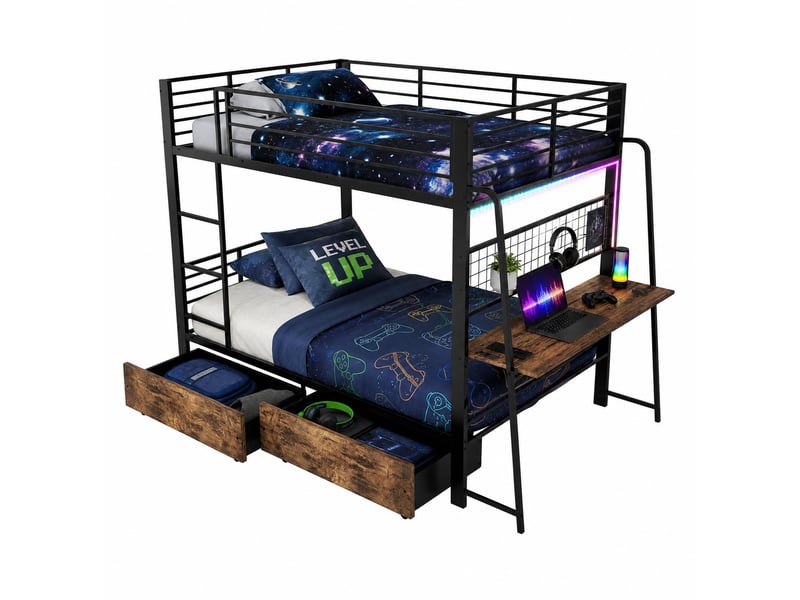  Lit superposé 140x200 cm avec bureau, 2 tiroirs, led rgb et prises, noir  - Conforama A