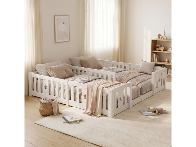  Lit simple 90x200 cm(x2), lit enfant, lit au sol montessori avec barrières, motif étoile,  sommier non inclus, bois, blanc  - Conforama B