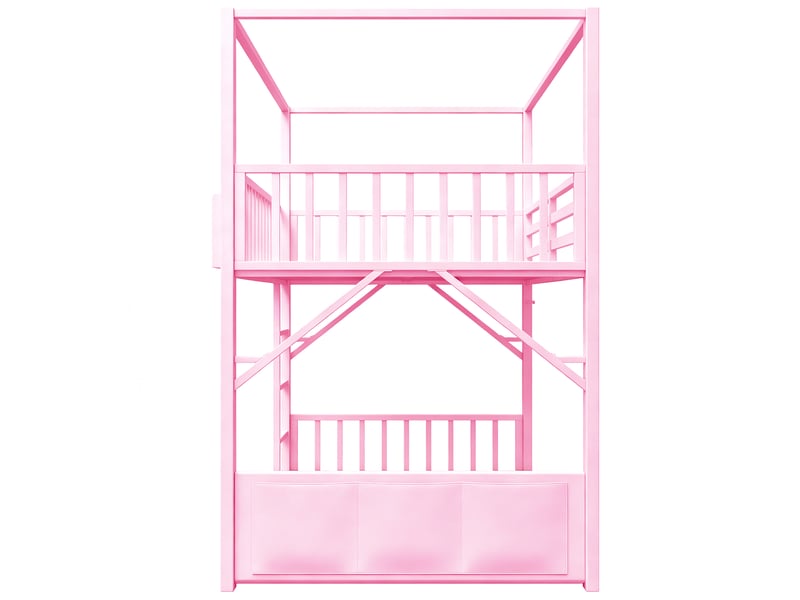  Lit superposé enfant 90 x 200 cm en métal, structure toit, rangement intégré, barrières de sécurité, rose evarich - Conforama D