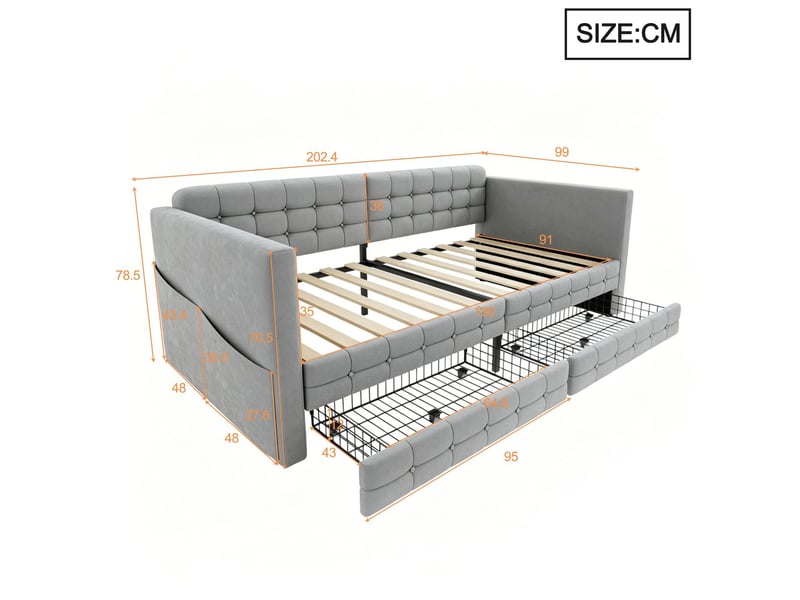  Lit rangement 90 x 190 cm en velours lit simple compartiments latéraux deux tiroirs sous le lit motif à carreaux gris clair  - Conforama C