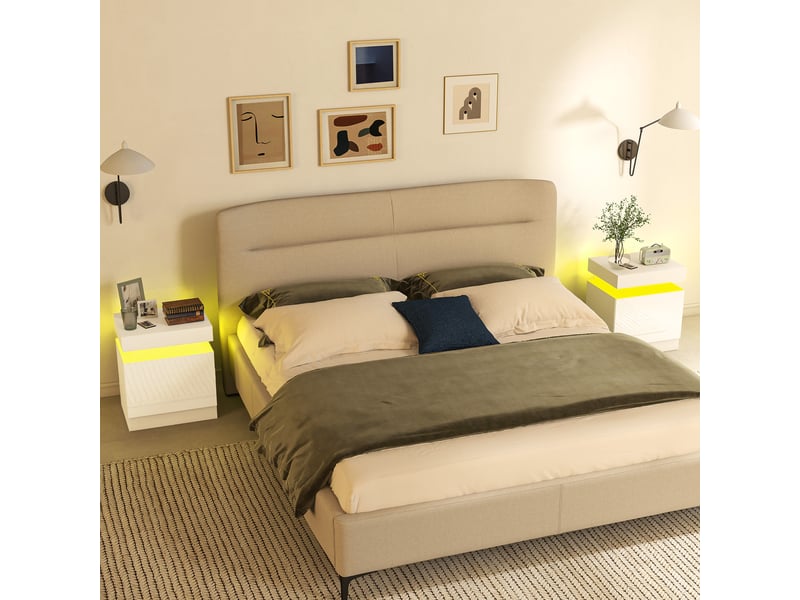  Ensemble de 2 tables de chevet led avec 16 couleurs et 4 modes d'éclairage, 2 tiroirs, en bois, 45 x 35 x 52 cm, blanc brillant  - Conforama D