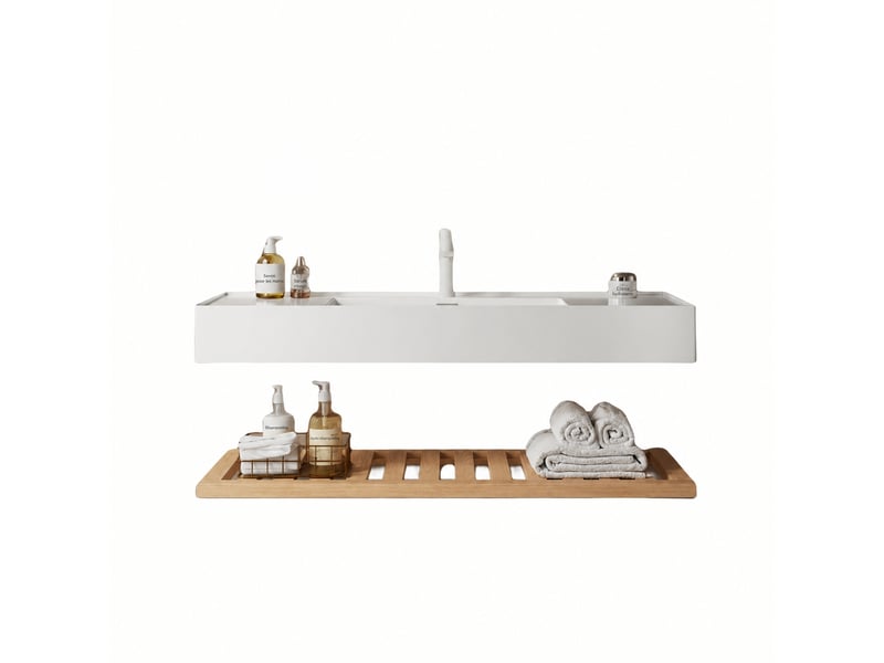  Meuble vasque suspendu 120 cm avec vasque intégrée en résine blanche et étagère en bois  - Conforama C
