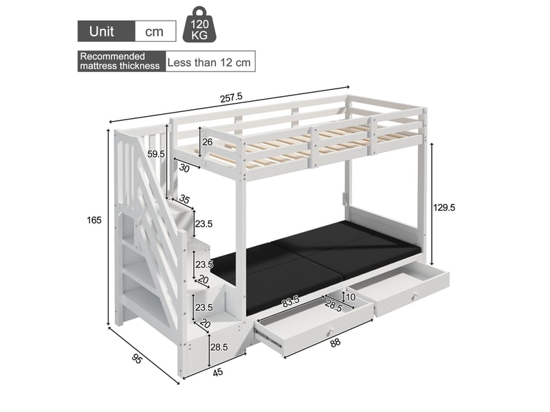  Lit superposé enfant blanc 90 x 200 cm avec escalier de rangement et 2 tiroirs  - Conforama E