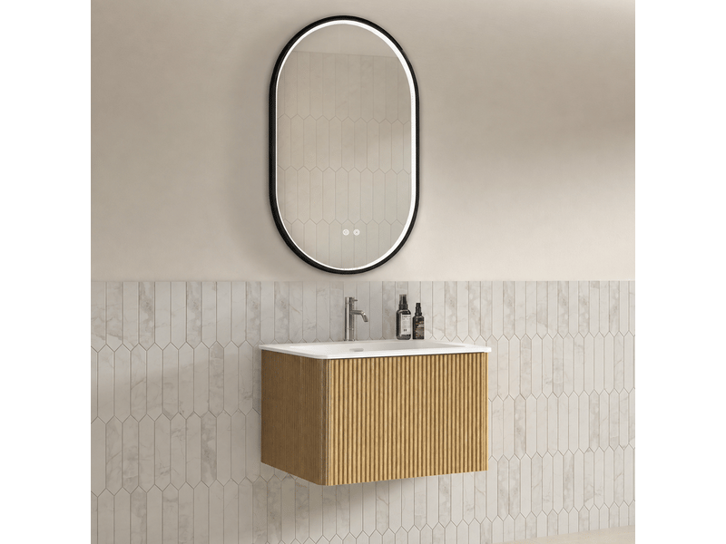  Meuble sous vasque suspendu avec 1 tiroir et miroir led, vasque intégrée, salle de bain, finition chêne  - Conforama B