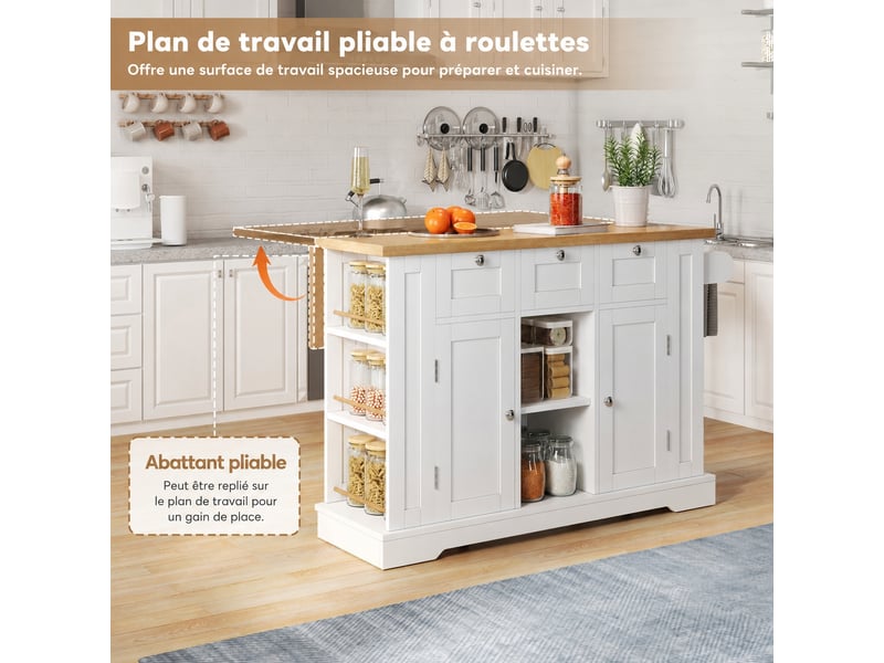 Îlot de cuisine mobile avec plan rabattable, rangements et prise usb, blanc et bois naturel - Conforama D