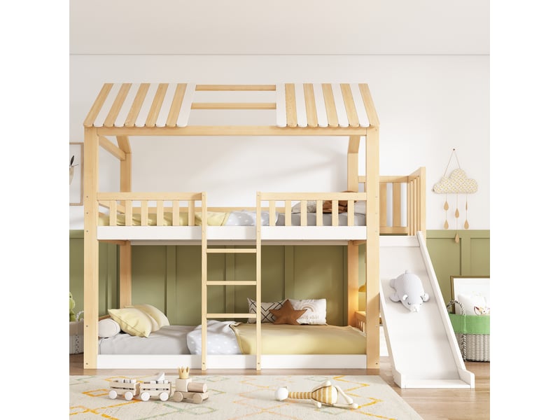 Lit superposé 90x200cm, toboggan, lit cabane, sommier, échelle incluse, lit enfant, espace de rangement, en bois+mdf, blanc et couleur bois - Conforama E