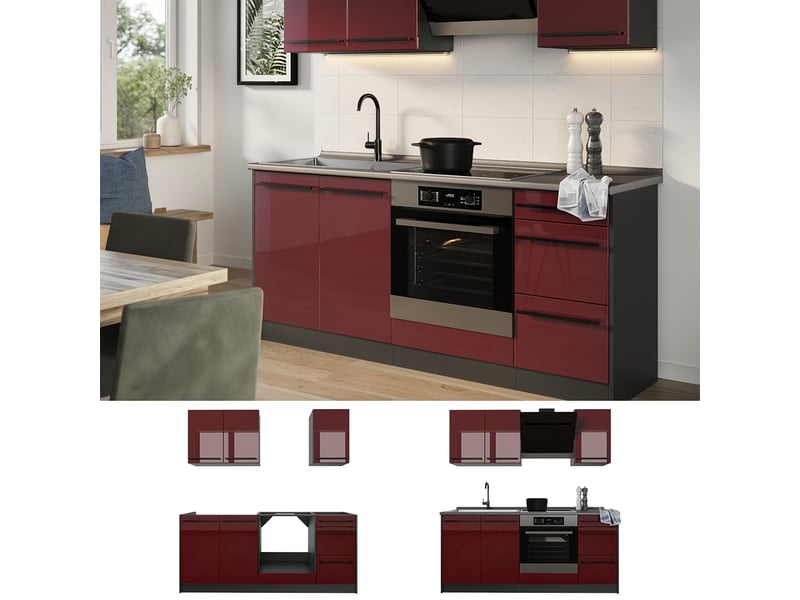  Vicco cuisine, rouge brillantanthracite, 180cm plan de travail chêne doré  - Conforama D