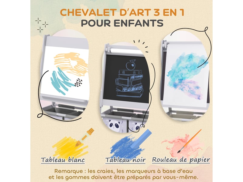 Tableau chevalet enfant ardoise double face tableau à craie rouleau papier 2 paniers 54 x 46,5 x 93 cm gris  - Conforama D