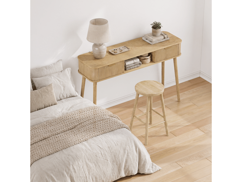 Table basse - console de style vintage des années 50, chêne, avec tiroirs et compartiment de rangement ouvert - Conforama E