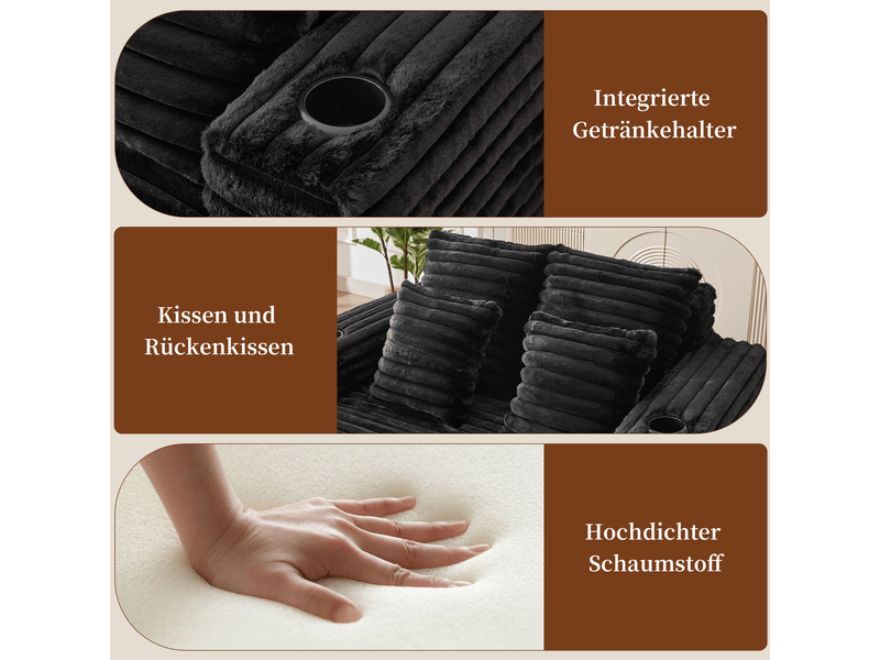  Canapé noir en fausse fourrure 135x128x86 cm avec porte-gobelets intégrés et dossier segmenté  - Conforama W