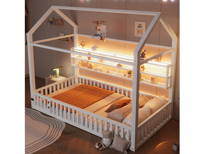 Elvmi lit enfant 90x200 cm en métal blanc, structure maison avec barrières de sécurité et éclairage led 7 couleurs, lit plateforme avec toit décoratif, cadre robuste pour chambre d’enfant, dimensions 204 x 95 x 170 cm - Conforama B