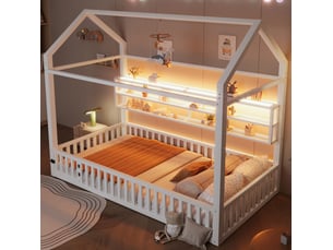Lit enfant 90x200 cabane métal avec barrière et led blanc