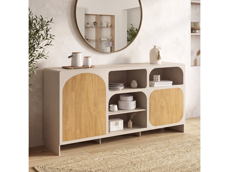  Buffet 160 cm athena 2 portes avec 4 niches design organique beige et effet bois  - Conforama B