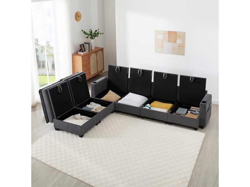  Canapé d'angle, canapé modulable, en velours côtelé, gris, porte-gobelets, repose-pieds, design moderne, usb  - Conforama W