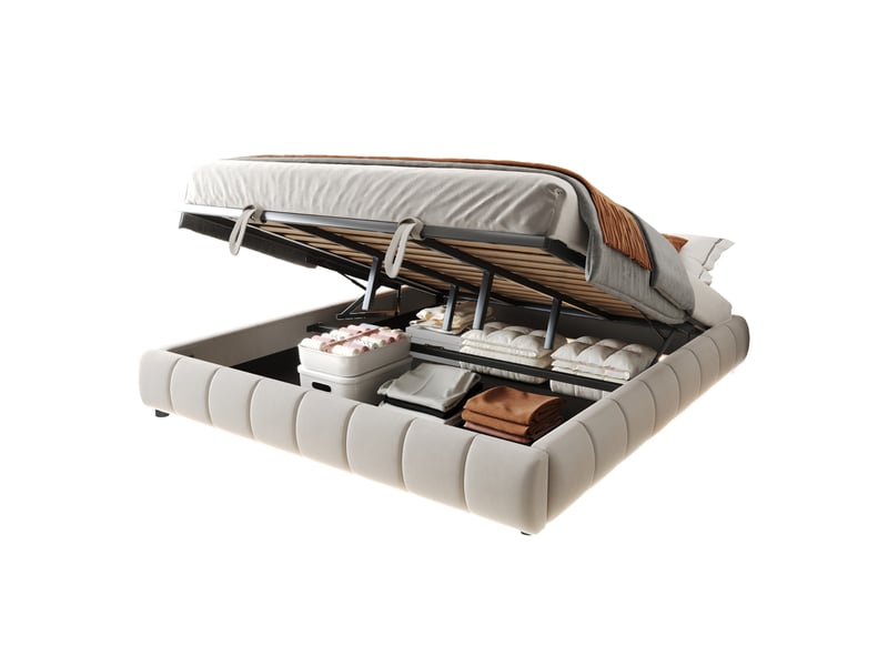 Lit coffre rembourré 2 places 180x200 cm sans tête de lit, avec rangement hydraulique, led blanche, cadre flottant, sommier métal, velours beige - Conforama A