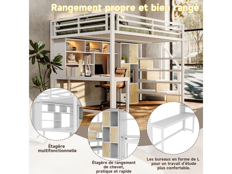  Lit mezzanine 140 x 200 cm avec bureau, led et escalier avec rangement, lit double en métal blanc avec étagères et placards intégrés  - Conforama E