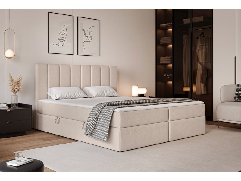 Lit coffre leo - 180x200 cm - avec matelas et surmatelas - tissu tissé chiné - beige clair LEO - Conforama B