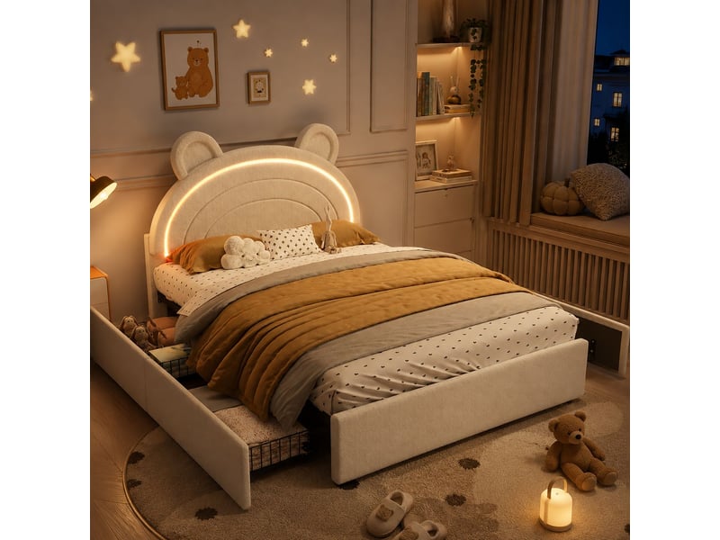  Lit avec tiroirs 140 x 200 cm éclairage led piloté par application lit double quatre tiroirs sur les deux côtés dossier à motif ours revêtement rembourré beige charge maximale de 220 kg  - Conforama B