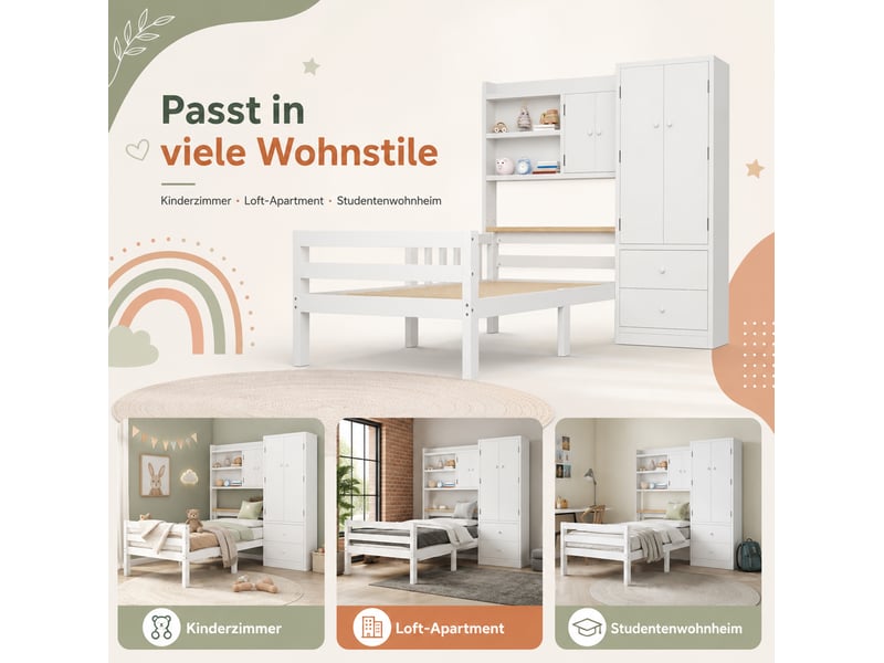 Lit enfant avec armoire intégrée 90 x 200 cm blanc en bois et mdf, rangements avec tiroirs et étagères ouvertes - Conforama E