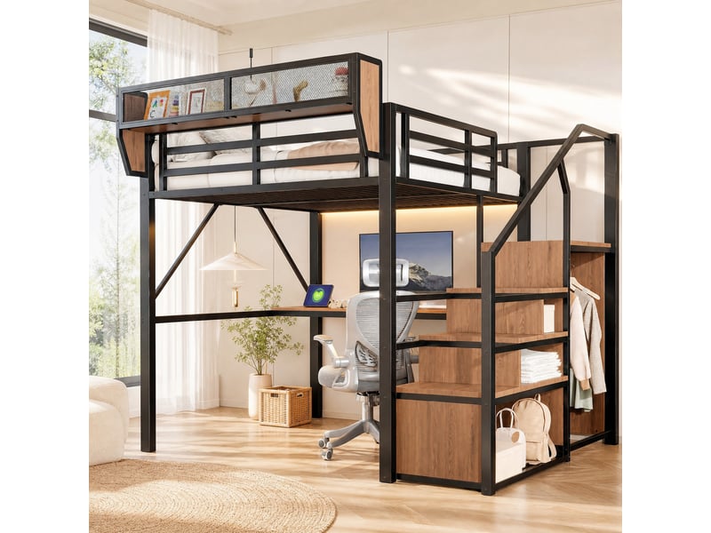  Lit mezzanine 140x200 cm, bureau long, led multicolore, échelle sécurisée, rangement modulable, métal noir sans matelas  - Conforama B