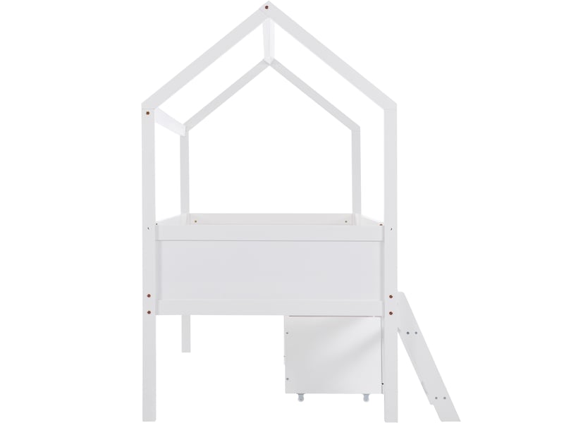 Lit cabane enfant 90x200 en bois massif blanc, lit avec tiroirs et étagères, barrière de sécurité, pour fille et garçon - Conforama W