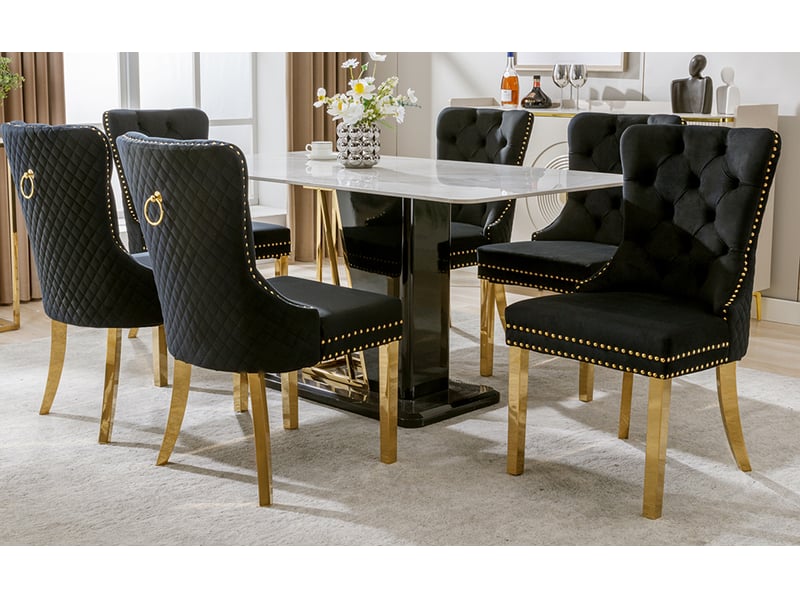  Chaises de salle à manger - ensemble de 6, dossier avec anneau, velours noir, structure métallique, 50,5 x 45 x 95 cm  - Conforama D