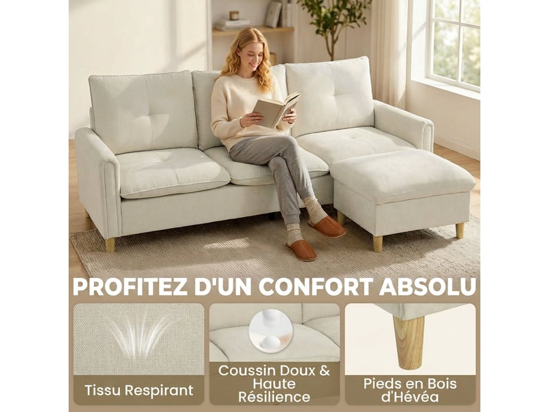  Canapé 3 places avec pouf de rangement, canapé d'angle modulable 210 cm, assise large, crème, tissu aspect lin  - Conforama R